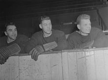 Fotografia di 3 giocatori di hockey appoggiati dietro la pista di pattinaggio.