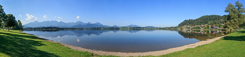 Hopfensee with a part of Hopfen am See, Ostallgäu, Bavaria, Germany