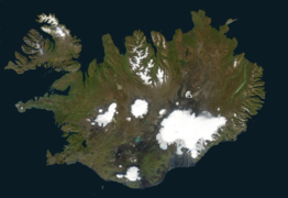 Satellite picture of Iceland: Hofsjökull occupies the exact middle of the island.
