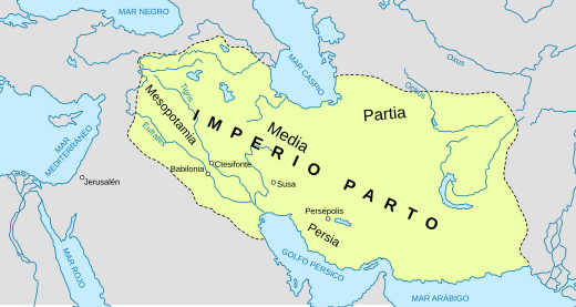 het Parthische Rijk, met Parthia in het noordoosten