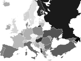 Implementation of leading cases from the last 10 years as of August 2021. No implementation is colored black while 100% implementation is white. Average implementation is 53%, with the lowest being Azerbaijan (4%) and Russia (10%) and the highest Luxembourg, Monaco, and Estonia (100%) and Czechia (96%). Implementation of European Court of Human Rights verdicts as of August 2021.svg