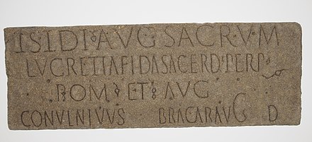 Latin dedication to the goddess Isis Augusta by Lucretia Fida, a sacerdos (priest), from Roman Iberia[28]
