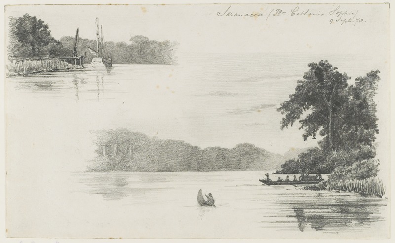 File:KITLV - 36C196 - Borret, Arnoldus - Saramacca river, Surinam sailing ship and canoe. Plantation Catharina Sophia - Pencil - 1878-09-09.tif