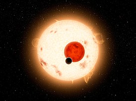 Художественное изображение системы Кеплер-16, показывающее планету Кеплер-16 b, обращающуюся вокруг двойной звезды.
