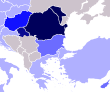 Romanian as secondary or foreign language in Central and Eastern Europe
Native
Above 3%
1-3%
Under 1%
N/A Knowledge Romanian Eastern EU.png