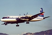 A LOT Ilyushin Il-18 landing at Rome Ciampino Airport in 1977. LOT Ilyushin Il-18 Bidini.jpg
