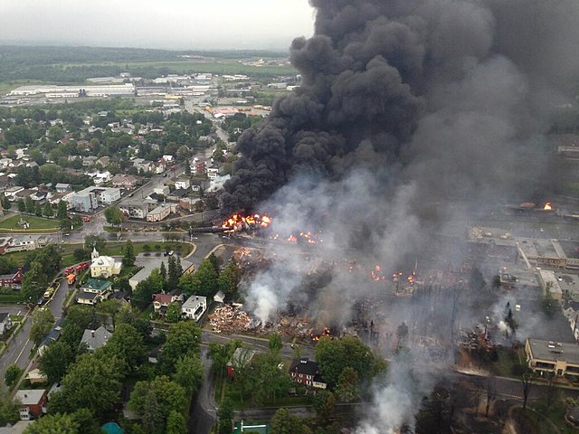 Police helicopter view of Lac-Mégantic, the day of the derailment