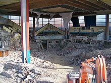 The interior of the buildings during demolition in October 2009 Leeds International Pool demolition 003.jpg
