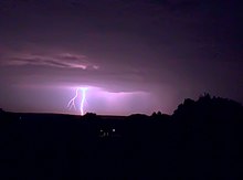 Lightning strike on 19 July, the hottest day of the heatwave, as seen from the University of Kent, Canterbury. Lightningcanterbury.jpg