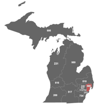 Map of area code 586 in Michigan. MI area code 586.png