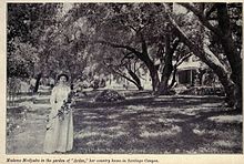 Madam Modjeska in her garden on "Arden", her country home in Santiago canyon, illustration from Overland Monthly, February 1911, article "Modjeska's Life in California" by Arthur Inkersley, on Helena Modjeska MadamModeska.JPG