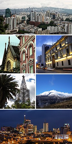 From top to bottom and from left to right: Manizales from the Cerro de Oro, western side of the Manizales Cathedral and Sanz Building, Yellow Palace of the Government of Caldas, Herveo Tower, Nevado del Ruiz and Manizales Center.