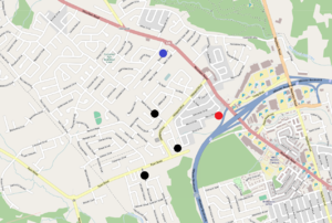 Red circle: Suspect found
Black circles: Shooting locations
Blue circle: Suspect's residence Map of 2014 Moncton shooting.png