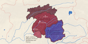 Карта Дарваза с XVII по XIX века. Современные границы нанесены красным цветом.
