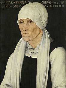 Portrait of Margarethe Luther, believed by her son Martin to have been afflicted by elbe ("elves") Margarethe-Luther-1527.jpg
