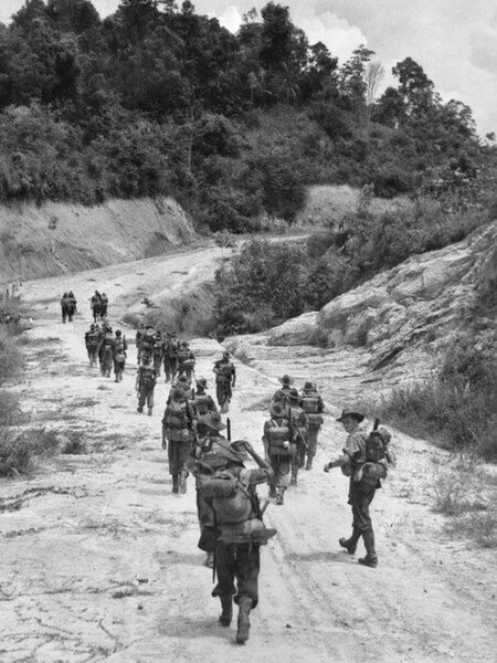 Members of B Company of the 2/2nd Machine Gun Battalion moving along a road between Brooketon and Brunei during the Borneo Campaign