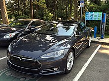 Tesla Model S charging in Parksville, British Columbia. Model S Charging at Parksville beach BC Canada.jpg