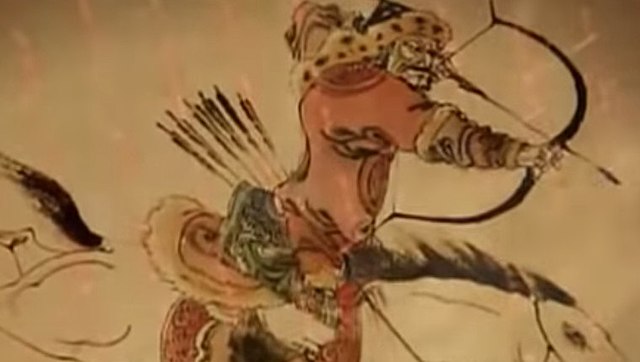 Mongol soldier on horseback, preparing a mounted archery shot