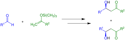 Simplified overview with a stereocenter Mukaiyama Aldol-Ubersichtsreaktion1.svg