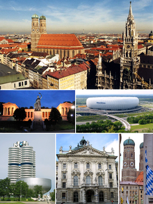 从上順時針：慕尼黑鳥瞰、安聯競技場、聖母主教座堂與巴伐利亞旗幟、正義宮、寶馬公司總部大廈、特蕾西婭草坪前方的名人堂和巴伐利亞雕像