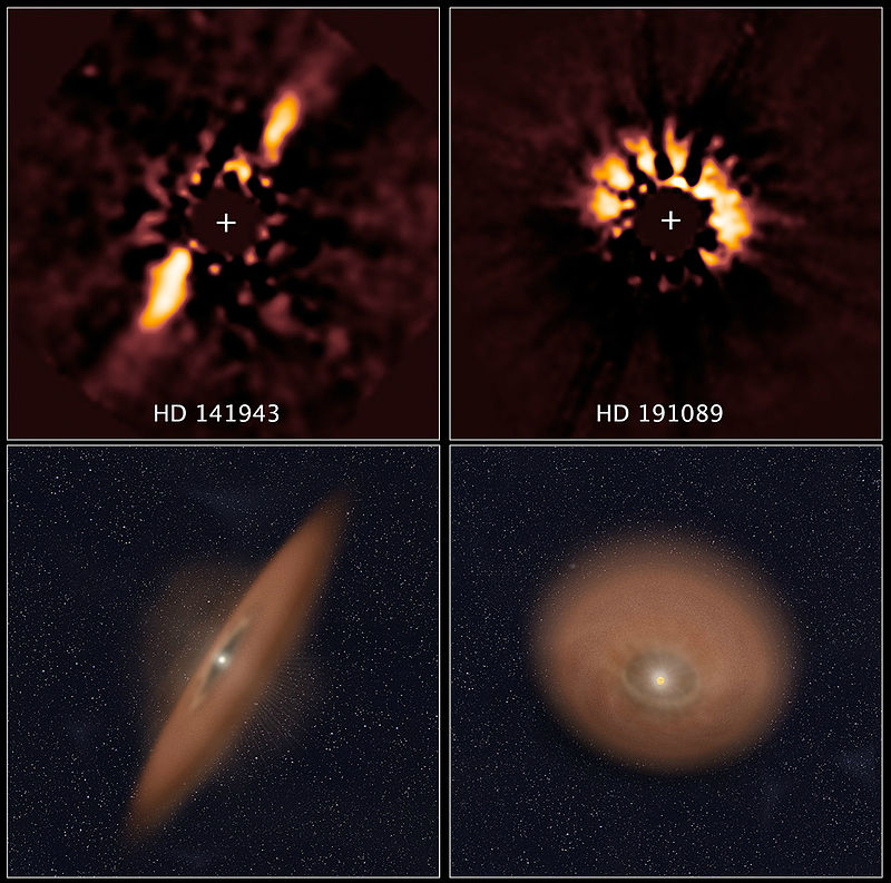 Le due immagini in alto documentano i dischi di detriti attorno a giovani stelle scoperti dal telescopio spaziale Hubble della NASA. L&#8217;illustrazione sotto ogni immagine mostra l&#8217;orientamento dei dischi di detriti. Credits: NASA/ESA