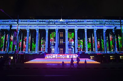 Illuminated City Hall Wing façade during Light to Night Festival 2023.
