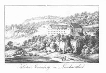 Kloster Mariaberg, von Nordosten aus gesehen; Lithographie von 1823