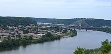 The Veterans Memorial Bridge connects Steubenville to Weirton, West Virginia, across the Ohio River and is the border crossing between the states of West Virginia and Ohio on U.S. Highway 22 Ohio - Steunbenville I 22 bridge Looking N.jpg