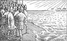 Standing on the isle of Svolder, the allied leaders survey Olaf Tryggvason's passing fleet. Olav Tryggvasons saga - Olavs skip seiler forbi - H. Egedius.jpg