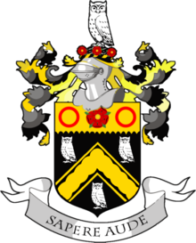 The coat of arms of the former County Borough of Oldham council, granted 7 November 1894, based upon those of an ancient local family surnamed Oldham. The owls suggest that the family, like the town, called itself 'Owdham', and adopted the birds in allusion to its name. The motto "Sapere aude" ("Dare to be wise") refers to the owls. Oldham County Borough Council - coat of arms2.png