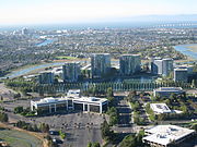 Oracle Offices in Redwood Shores, with Oracle Plaza building in left foreground