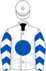 White, royal blue disc and chevrons on sleeves, white cap