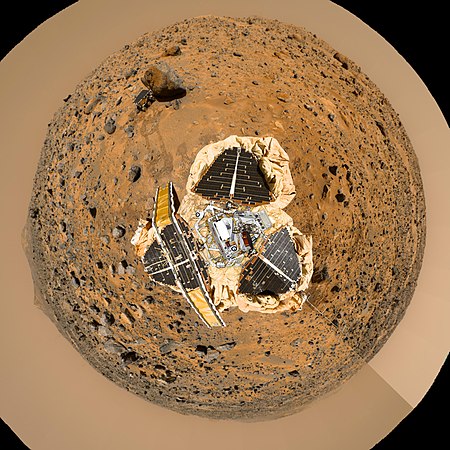 Mosaic of the lander and the rover from above, color has been enhanced to improve contrast in features, and is derived from IMP spectral filters 5, 9 and 0.