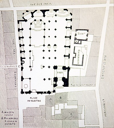 Plan de l'église et du quartier au XVIIIe siècle.