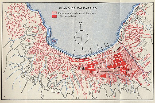 Map of Valparaíso after the earthquake of 16 August 1906 .mw-parser-output .legend{page-break-inside:avoid;break-inside:avoid-column}.mw-parser-output .legend-color{display:inline-block;min-width:1.25em;height:1.25em;line-height:1.25;margin:1px 0;text-align:center;border:1px solid black;background-color:transparent;color:black}.mw-parser-output .legend-text{}  Area of the city most affected by earthquake   City blocks most damaged by fire