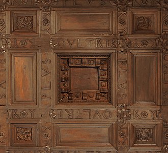 "PLUS OULTRE", motto of Charles V in French, on a ceiling of the Palace of Charles V in Granada Plus oultre ky ceiling alhambra.jpg