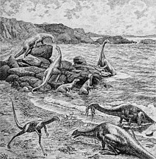 Heilmann's outdated 1913 restoration of Podokesaurus running near a lake and other dinosaurs Podokesaurus and other dinosaurs.jpg