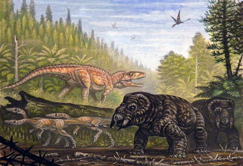 File:Postosuchus, Coelophysis, and Placerias.jpg