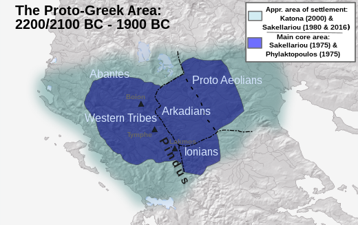 Proto-Greek area of settlement (2200/2100–1900 BC) suggested by Katona (2000), Sakelariou (2016, 1980, 1975) and Phylaktopoulos (1975)