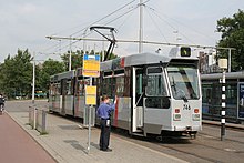 The ZGT-series tram, used until 2014 RET 746 Rotterdam Marconiplein 10-09-2008.jpg