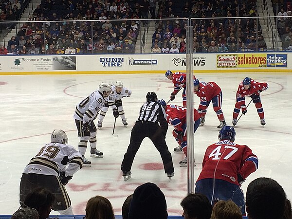 A faceoff during a Rochester Americans game in 2016.