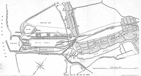 The new Royal and first Fish dock, c. 1864. showing (left to right) Humber, low water mark, basin piers, docks, railway and town (up is south-east)