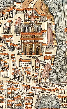 Kyrkan Saint-Christophe, här benämnd S⋅CHRISTOFLE, på Truschets och Hoyaus karta över Paris från år 1552.