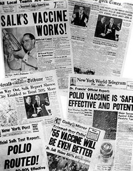 Newspaper headlines from around the world about polio vaccine tests (13 April 1955)