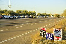 School board and proposition yard signs in Oro Valley School Board & Arizona Proposition Yard Signs in Oro Valley, Arizona, After the 2022 Midterm Elections.jpg