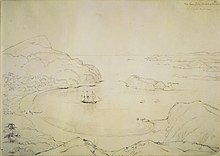 Gravure du dix-neuvième siècle montrant un navire à voile faisant relâche dans une baie.