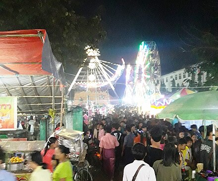 Temporary bazaar and amusement rides of Shwesandaw Pagoda festival in Pyay, Myanmar
