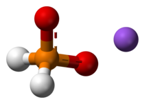 Molecular model of sodium hypophosphite, the usual reducing agent in electroless nickel-phosphorus plating. Sodium-hypophosphite-3D-balls-ionic.png