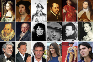 Collage of photos of 18 Spanish known figures....