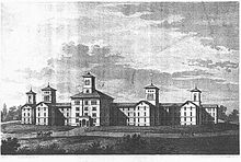 1853 architect's rendering of the proposed new buildings for the Maryland Hospital for the Insane at Spring Grove. Construction was completed in 1872, though the buildings were eventually demolished in 1963. Spring Grove State Hospital, Maryland.jpg